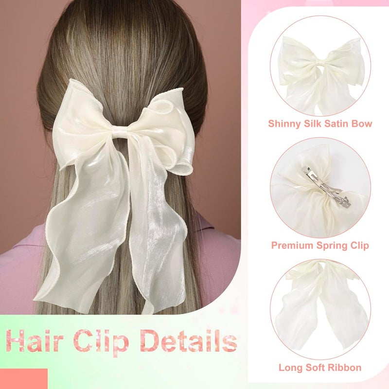 STSTR 2Pcs Large Hair Bow Clips, Blue White Silk Yarn Ribbon Bow Hair Barrette for Women, Elegant Long Tail Bowknot French Hairstyles Accessories for Wedding, Parties, Festivals - Image 4